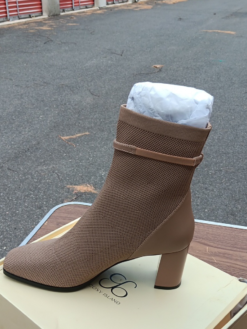 Mesh Sock Ankle Boot in Tan — Chic Block Heel Bootie